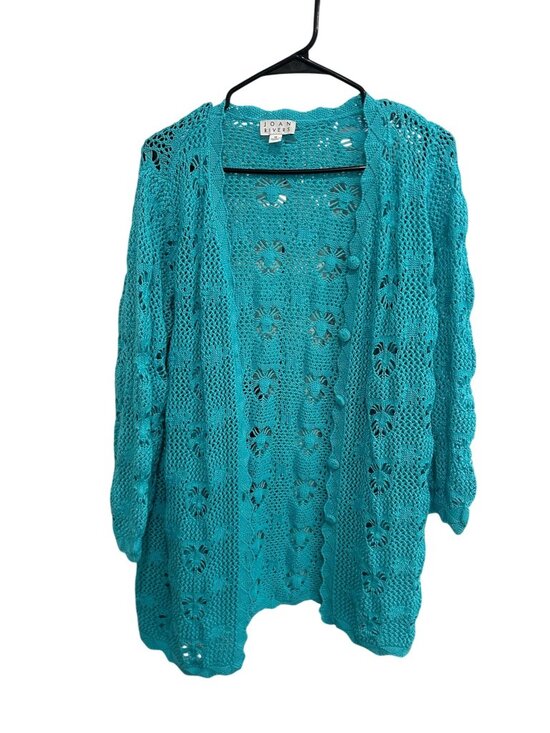 Joan Rivers Sweaters - Joan Rivers 1X Turquoise Open Knit Cardigan Cable Eyelet Stitch Cozycore Boho